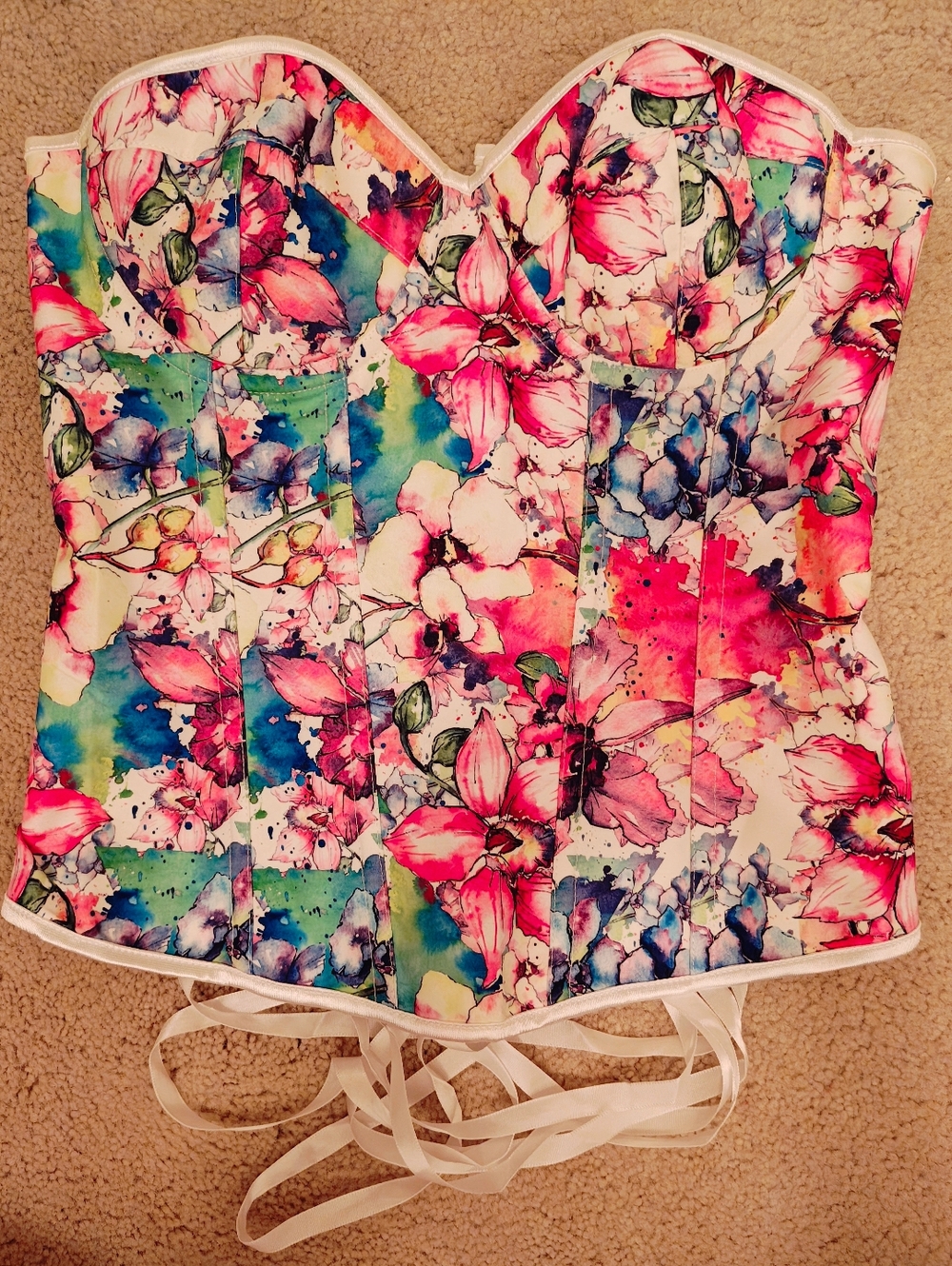Vibrant Watercolor Floral Overbust Lace Up Corset.